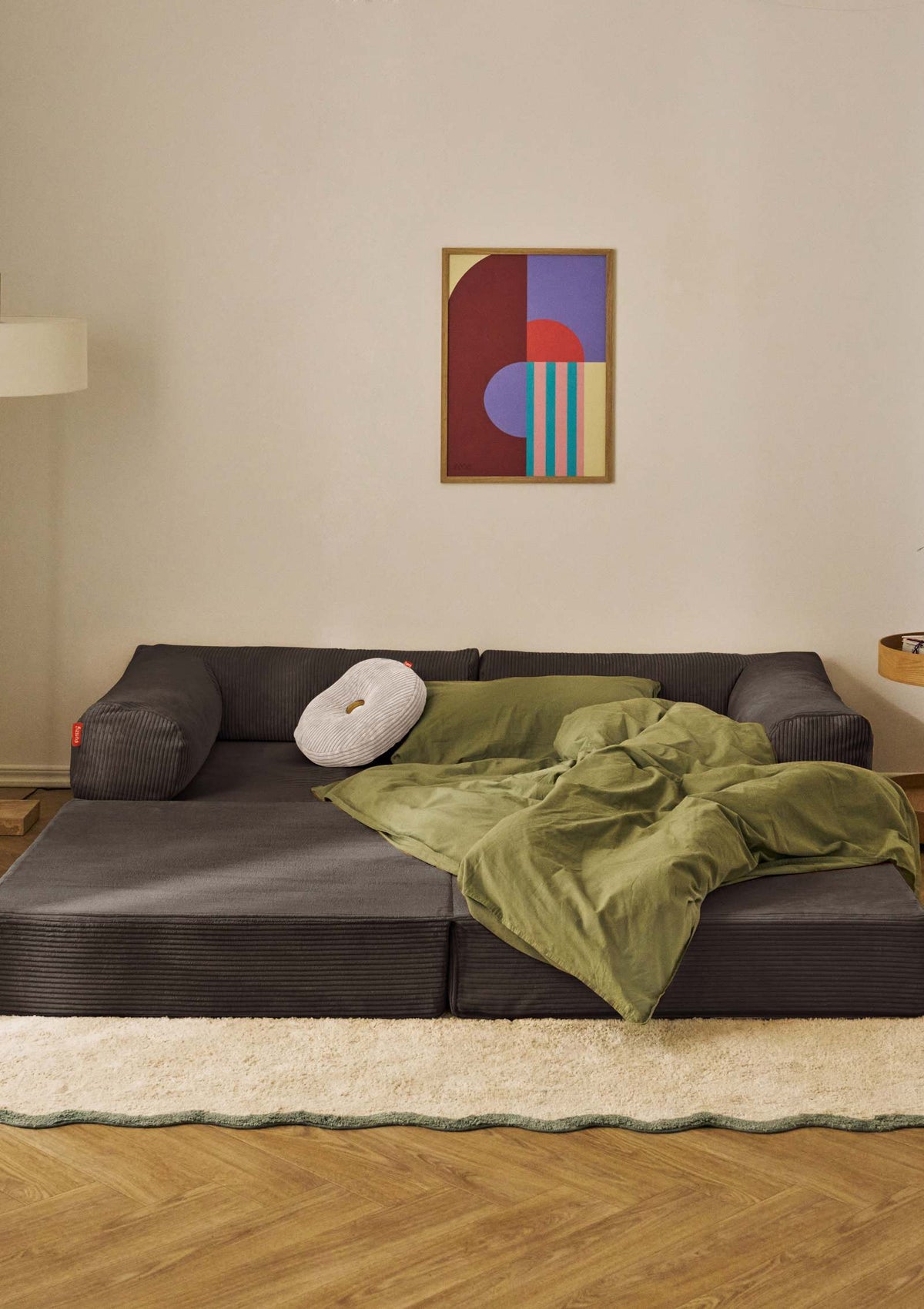 Funzy Family Sofa Cord Kiesel Grau ausgeklappt