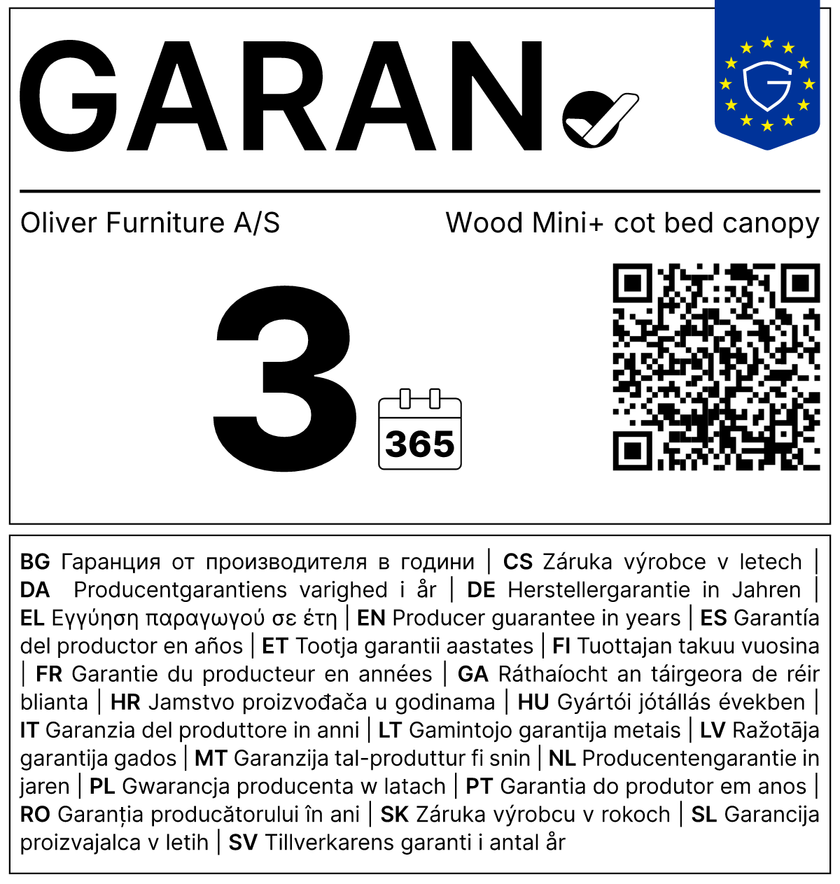 Vollständiges GARAN-Label, 3 Jahre Garantie auf Betthimmel für Babybett 'Wood Mini+' Weiß