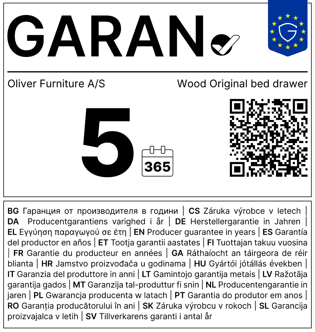 Vollständiges GARAN-Label, 5 Jahre Garantie auf Bettschublade für 'Wood Original' Eiche