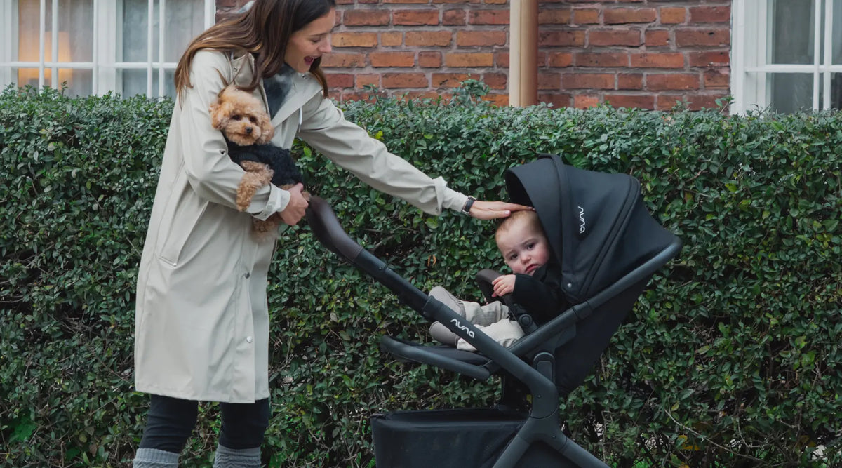 Nuna DEMI icon – im Bild: Frau mit Hund auf dem Arm schiebt Sportwagen Nuna DEMI icon 