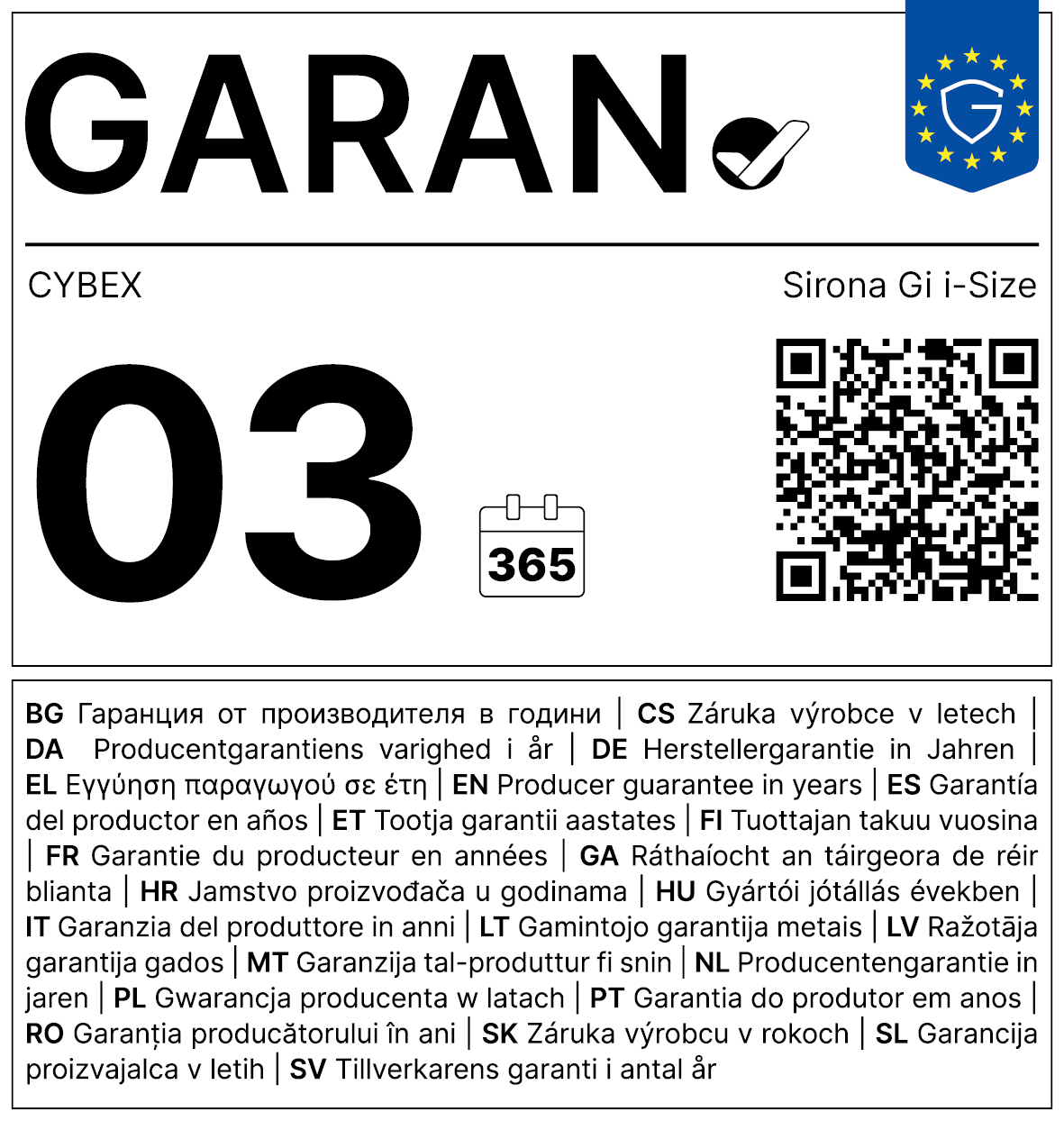 Vollständiges GARAN-Label, 3 Jahre Garantie auf Kindersitz 'Sirona Gi i-Size PLUS' Moon Black