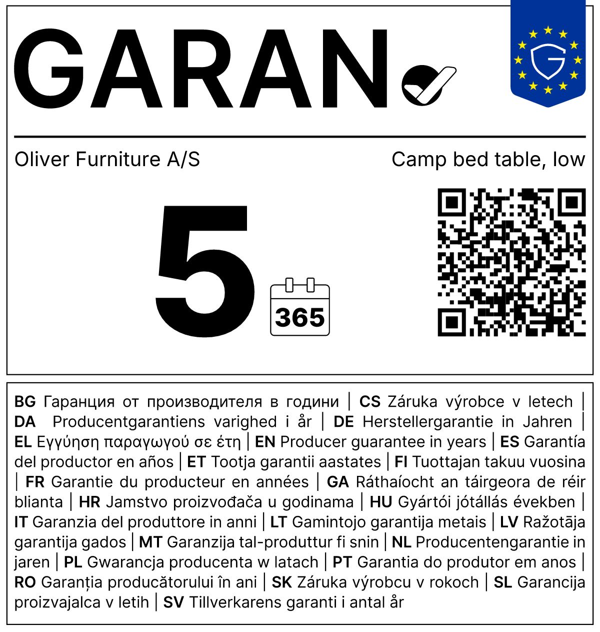 Vollständiges GARAN-Label, 5 Jahre Garantie auf Nachttisch 'Camp' Eiche