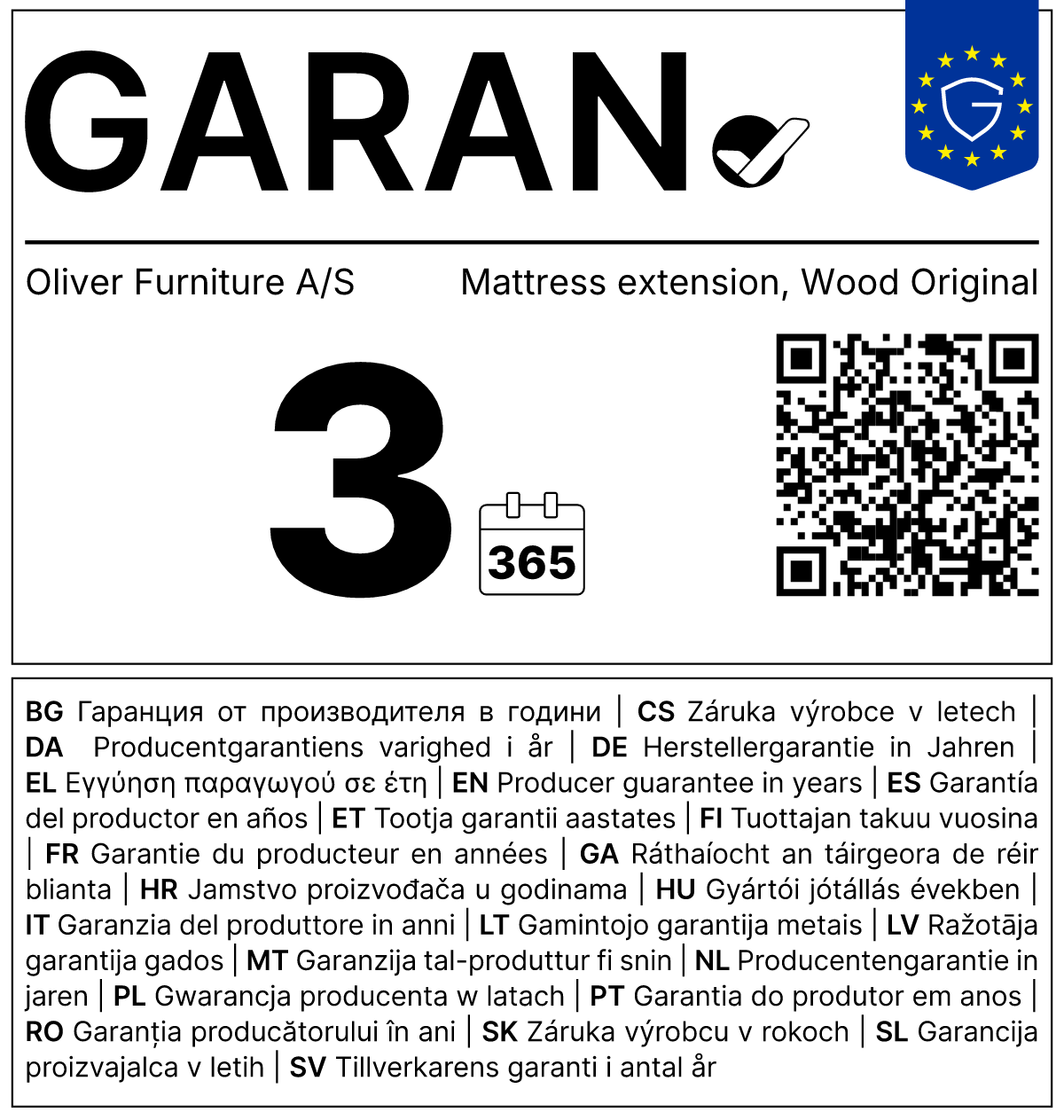 Vollständiges GARAN-Label, 3 Jahre Garantie auf Matratzenverlängerung für 'Wood Original' (von 160 cm auf 200 cm)