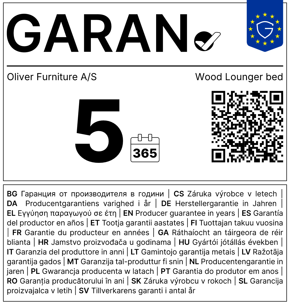 Vollständiges GARAN-Label, 5 Jahre Garantie auf Lounger Bett 'Wood' Weiß 200 x 120 cm